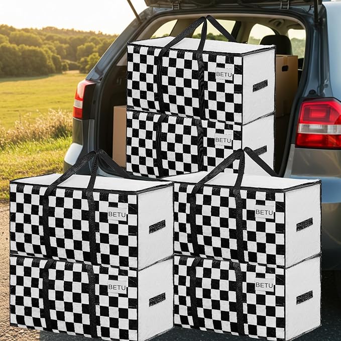 Extra Large Moving Bags Heavy Duty Storage Bags with Zipper Handles, BETU 8 Pack Clothes Storage Totes Bins Packing Moving Boxes, Moving Supplies for College Dorm Essentials, Space Saving,White Plaid