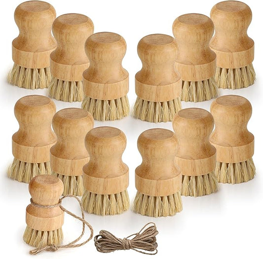 12 Pcs Bamboo Dish Brush, Wooden Bamboo Dish Scrub Brushes, Round Wooden Dishwashing Brush Sisal Bristles for Pan Pot Sink Kitchen Cleaning