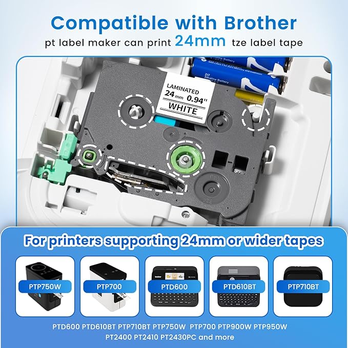 Label KINGDOM TZe-251 24mm (0.94") tz Laminated White Label Maker Tape Refills Compatible with Brother P-Touch PT D610BT D600 P710BT P750W 950W, 4-Pack 1 in Tze251