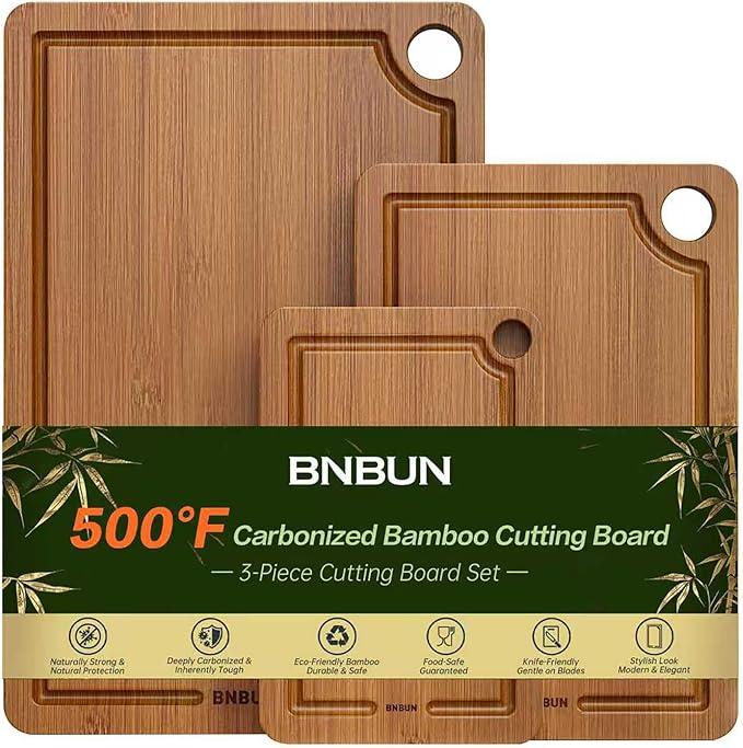 Bamboo Cutting Board for Kitchen Meal Prep & Serving, 3-Piece Wooden Set with Juice Grooves, Side Handles, Non-Slip Mats – Ideal for Meat, Veggies, Fruit – Ideal Gift for the Home