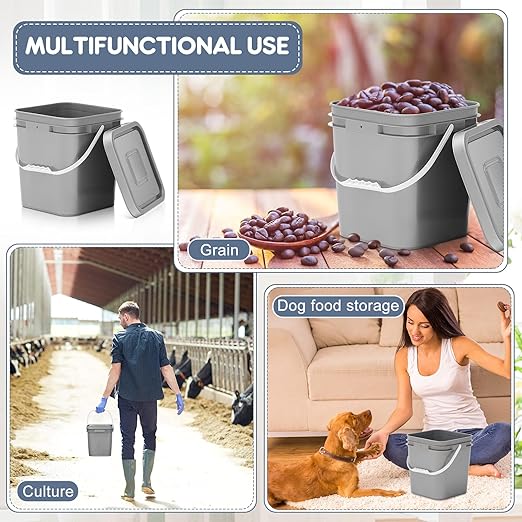 Mumufy 8 Pcs 3.5 Gallon Square Food Grade Bucket with Lid Square Bucket Pail with Plastic Handles for Storing Dry Food, Charcoal, Camping, Fishing (Gray)