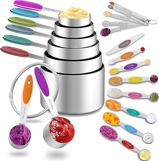 Minteem Measuring Cups and Magnetic Measuring Spoons Set, 8 Stainless Steel Measuring Cups with Easy to Read Markings, 7 Double Sided Stackable Measuring Spoons & 1 Leveler, 5 Mini Spoons, Multicolor