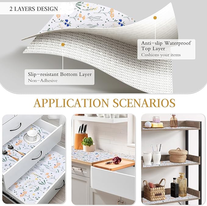 Beautysaid Shelf and Drawer Liner for Kitchen Cabinet, Non Adhesive Non Slip Shelf Paper Waterproof Washable Thickened for Dresser Pantry Shelve Bathroom Protector Liner(Floral,23.6 in x 10 FT)