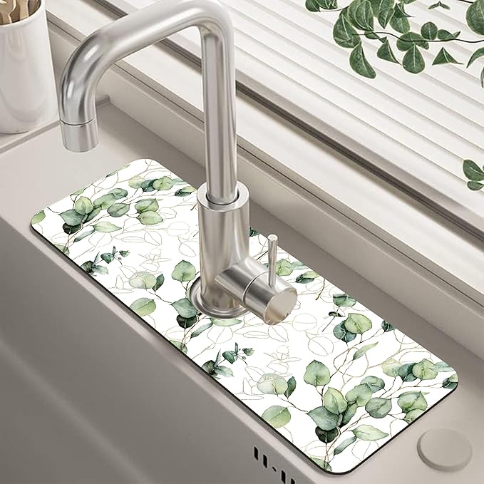 Watercolor Gold Eucalyptus Branch Dish Drying Mat for Kitchen Sink Splash Guard Behind Faucet Sink Mat Absorbent Fast Drying Faucet Draining Mat for Bathroom Kitchen 5.5"×15"