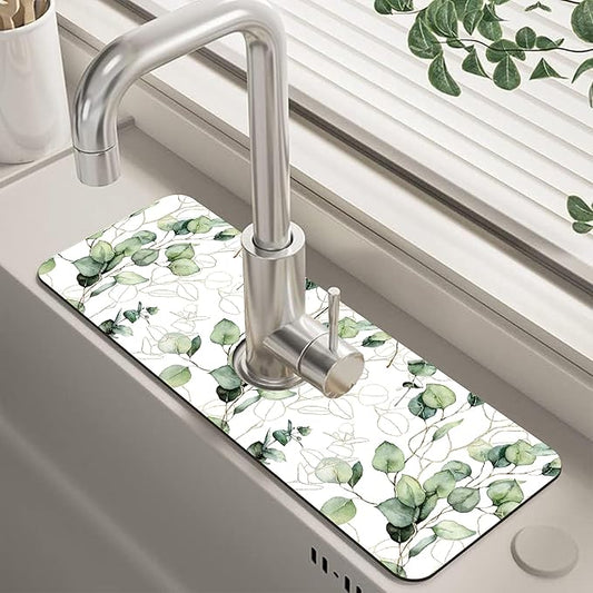 Watercolor Gold Eucalyptus Branch Dish Drying Mat for Kitchen Sink Splash Guard Behind Faucet Sink Mat Absorbent Fast Drying Faucet Draining Mat for Bathroom Kitchen 5.5"×15"