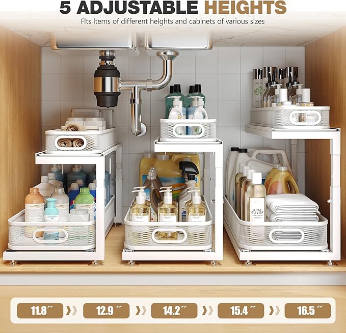 Biboraya 2-Pack 21.3 IN Depth Under Sink Organizer With Next-Gen Ball-Bearing Slides,Sophisticated Mesh 2-Tier Pull Out Shelf for Kitchen & Bathroom,Fits Small Items-Gun Gray