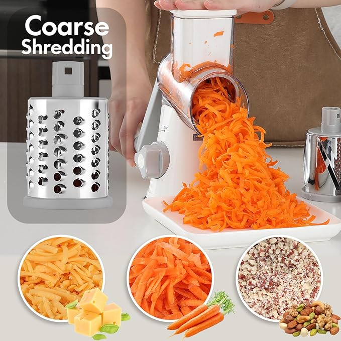 Ancevsk Rotary Cheese Grater with Handle, Kitchen Speed Hand Crank Vegetable Slicer, Potato Hash Brown Shredder Spinning Nut Grinder with 3 Replaceable Stainless Steel Drum Blades (White)