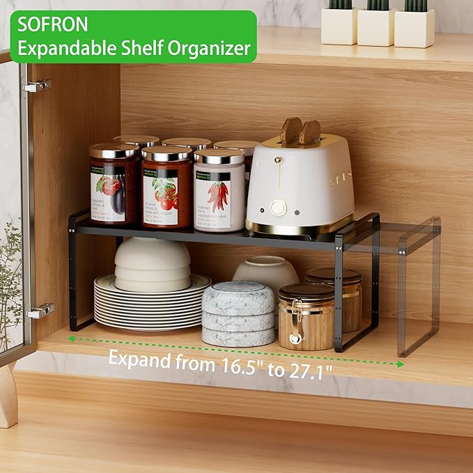 SOFRON Expandable Cabinet Storage Shelf Stackable Organizer Rack for Kitchen Bathroom Pantry Spice Cupboard Countertop Home Office Desk Heavy Duty Nonslip Black Large 3 PACK