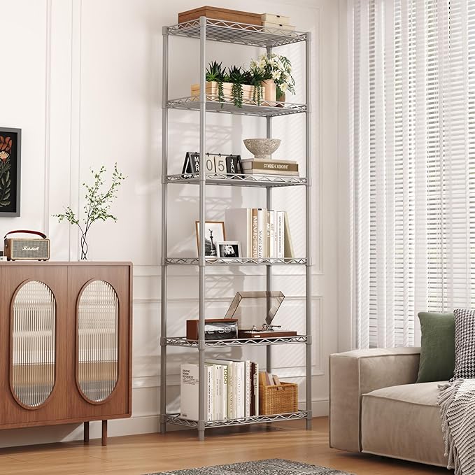 HOMEFORT 6-Tier Wire Shelving, 6 Shelves Unit Metal Storage Rack, Closet Shelves for Kitchen, Pantry, Closet, Bathroom, 14" D x 21" W x 75.6" H (Grey)