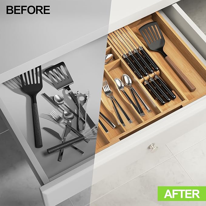 Thalomely Bamboo Kitchen Drawer Organizer, Expandable Silverware Organizer with Removable Knife Block, 6-8 Slots- Utensil Holder & Cutlery Tray Drawer Dividers, 2.36" Deep for Extra Capacity, Natural