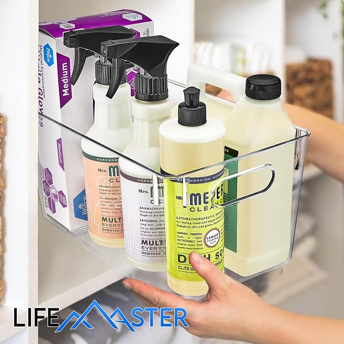 Lifemaster Stackable Refrigerator Bins - Set of 2 Large Capacity Organizers with Easy Grip Handles - Clear and Versatile for Kitchen Storage