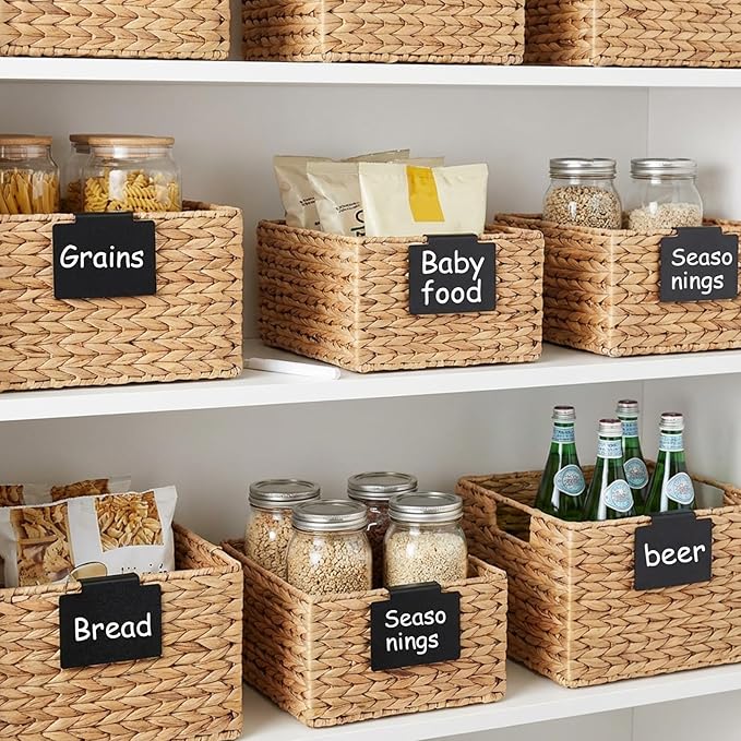 32Pcs Basket Labels Clip On Set - Include 30 Clip On Labels for Storage Bins with 2 Chalk Markers, PVC Removable Label Holders Basket Tags Label Clips for Kitchen Pantry Storage Bin (Black)