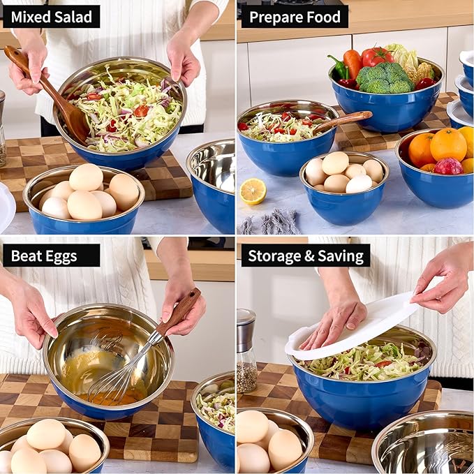 LKTDYMEG Blue Mixing Bowls with Lids Set of 7, Stainless Steel Nesting Bowl with Khaki Lid for Non-slip Mixing Prepping Storing Serving, 7 Sizes-7/3.6/2.7/2.1/1.5/1/0.8 QT