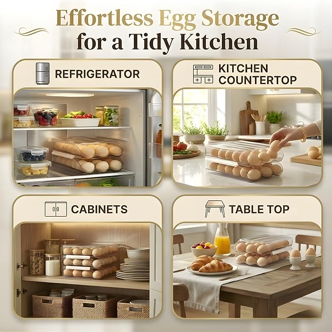 Egg Holder for Fridge, Automatic Rolling Egg Organizer, Clear Plastic Stackable Egg Container with Lid, Space-Saving Refrigerator Egg Dispenser Tray, 2-Tier Design