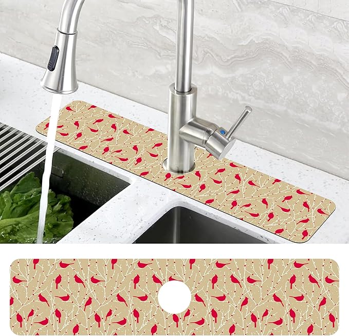 Christmas Cardinal Birds Kitchen Sink Splash Guard Mat Absorbent Fast Drying Mat Faucet Draining Mat Sink Splash Guard Behind Faucet Drip Catcher for Kitchen Bathroom 5.5"×24"