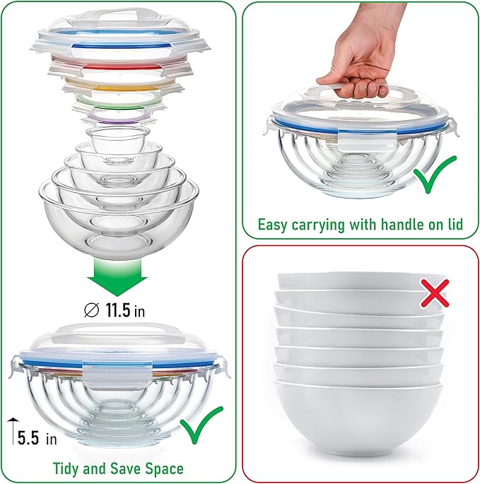 dokaworld Set of 5 Stackable Space-Saving Nesting Glass Bowls with BPA Free Lids for Foodprep, Storage, Baking, Mixing & Cooking, Microwave Safe - Durable Inert Borosilicate Glass