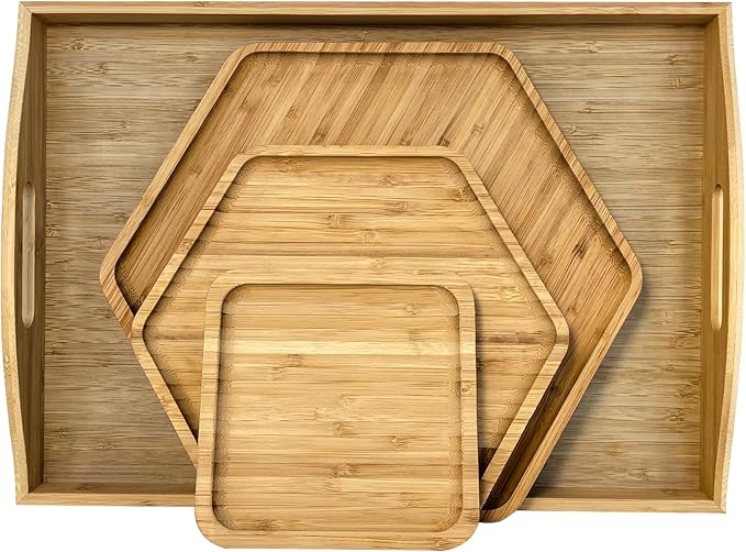 PAFREWOG Bamboo Serving Trays Dinner Plates Cheese Board 16.5"x11.8"（42x30cm with Handle, Set Includes 1xHexagon 12.5"(32cm)+1xHexagon 9.8"(25cm)+1xSquare 5.9"(15cm) Plates for Family Dinner