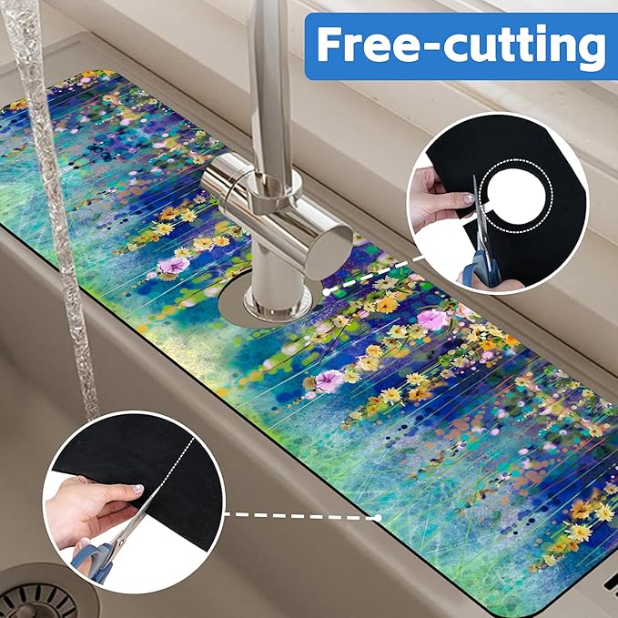 Abstract Watercolor Floral Kitchen Sink Splash Guard Mat Absorbent Fast Drying Mat Faucet Draining Mat Sink Splash Guard Behind Faucet Drip Catcher for Kitchen Bathroom 5.5"×24"