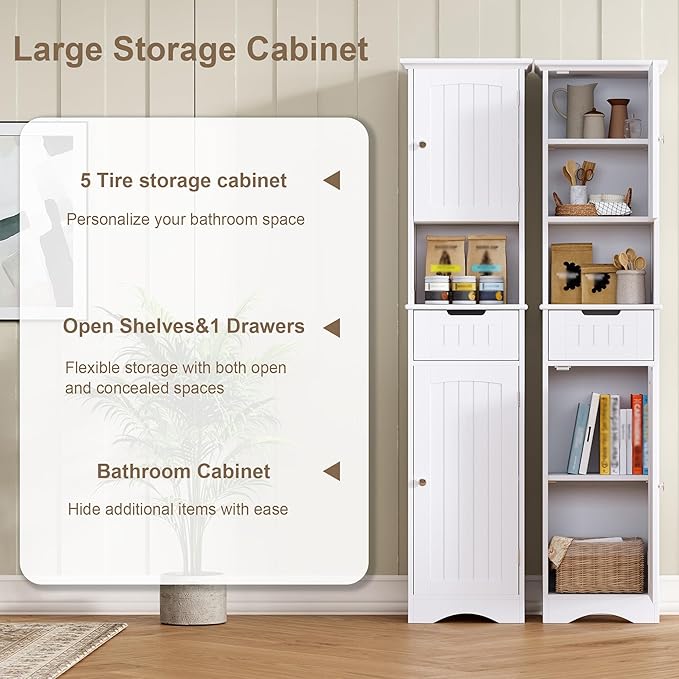 ChooChoo 67" Tall Bathroom Storage Cabinet, Narrow Bathroom Cabinet with 2 Doors and 1 Drawers, Freestanding Cupboard Floor Cabinet with Adjustable Shelves for Living Room, Kitchen, White