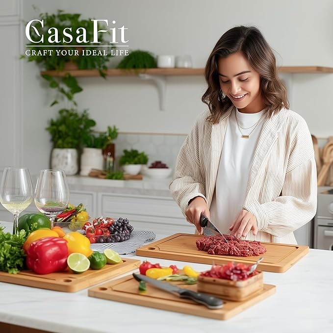 CASAFIT 3 Pack Bamboo Cutting Boards for Kitchen, No Slip Chopping Boards with Juice Groove, Multi-Size Cutting Board Set for Meat Vegetable Fruit for Home & Housewarming Gfit, Wooden Chopping Board