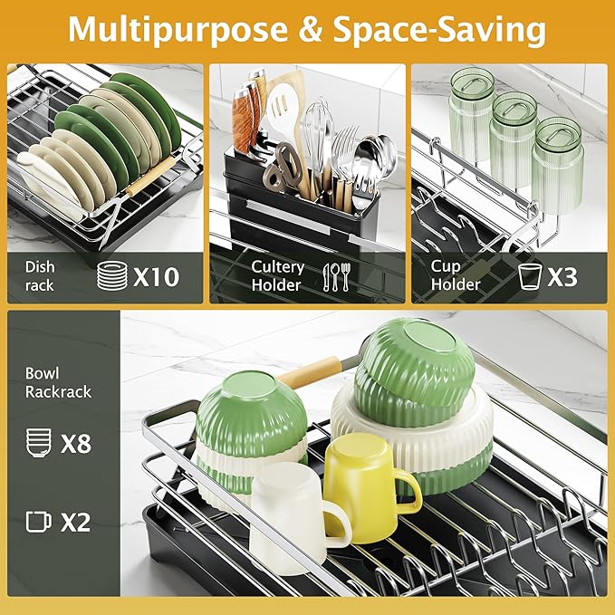 Epicano Dish Drying Rack for Kitchen Counter,Space-Saving Dish Rack,Rustproof Dish Drainer with Utensil Holder and Knife Slots for Sink,Kitchen Drying Rack with Wooden Handle and Cup Holder, Silver