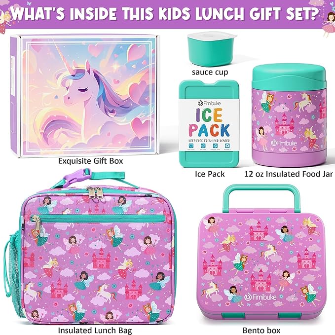 Fimibuke Bento Lunch Box for Kids with Food Jar, 32OZ Snack Lunch Container with 3 Compartments, Insulated Lunch Bag, 12OZ Leakproof Food Jar, Ice Pack Set for Age 3-12 Toddler Teen Girls Boys Daycare