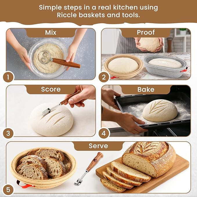 Riccle Sourdough Starter Kit – Bread Baking Supplies & Bread Making Tools with Cotton Rope Proofing Basket (9” Round & 10” Oval), Bread Lame with 15 Blades, Dough Whisk, Bowl Scraper & Silicone Brush