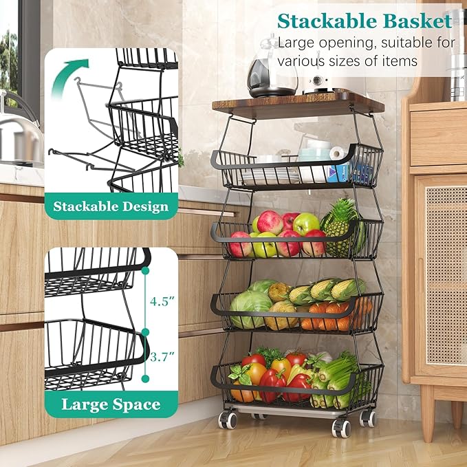 Fruit Basket with Wooden Lid for Kitchen, 5-Tier Stackable Wire Fruit Vegetable Storage Basket Organizer Stand on Wheel, Produce Basket Potato Onion Storage Bins Rack Cart for Pantry