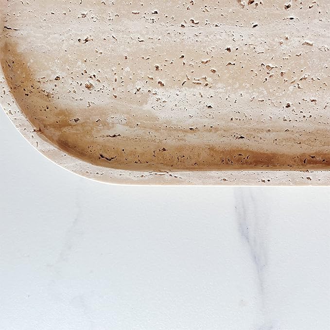 SAIDKOCC Marble Oval Handmade Tray Ornaments Vintage Tray Storage Dish for Counter,Coffee Table,Nightstand and Desk,Bathroom (Beige Travertine)