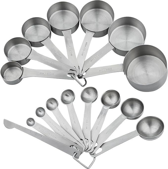Smithcraft Measuring Cups and Spoons Set, Stainless Steel Measuring Cups, 18/8(304) Material Heavy Duty 7 Measuring cups and 8 Measuring Spoons 1 Leveler and 2 rings