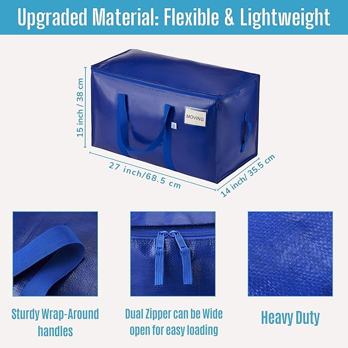 VENO 16 Pack Moving Bags, Upgraded Heavy Duty, Moving Boxes Alternative, Packing Storage Supplies for Dorm Room Essentials with Zipper for Clothes, Large Totes for Packaging (Blue, 16 Pack)