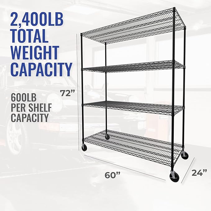 SafeRacks - NSF Certified Storage Shelves, Zinc, Heavy Duty Steel Wire Unit with Wheels and Adjustable Feet, Garage or Bakers Rack, Kitchen, Pantry Shelf - (24"x60"x72" 4-Tier) (Black)