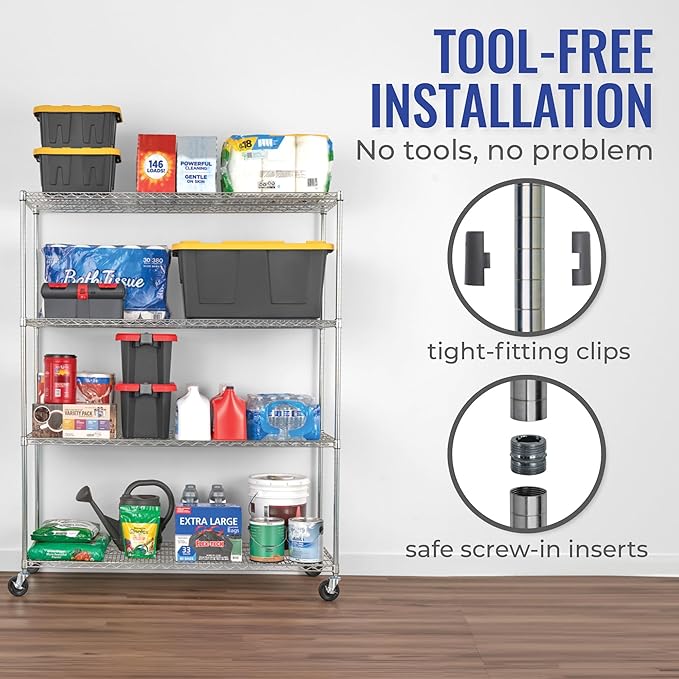 SafeRacks WS-602472-ZW4 NSF Certified 4-Tier Heavy Duty Wire Rack Storage Shelves with Wheels & Adjustable Feet, 24"x60"x72", Silver