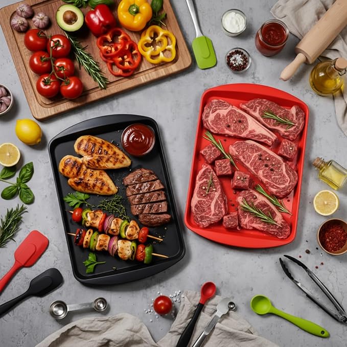 DoubleFill Set of 4 Grilling Prep and Serve Trays, 14x10 Inch Large BBQ Platter for Raw and Cooked Food, Cooking Meat Plastic Grilling Trays, Black and Red Stackable Defrosting Prep and Carry System