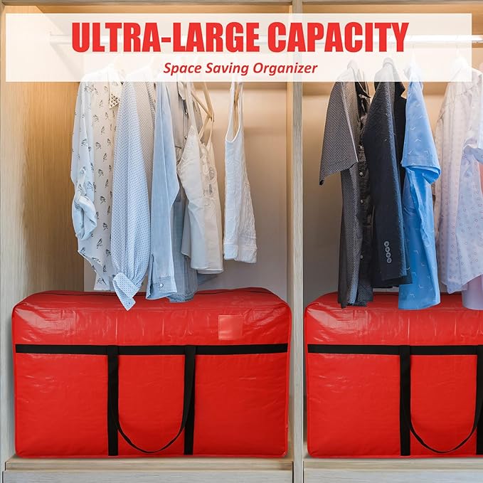 Windyun 4 Pack 98 Gallon Extra Large Moving Bags XXL Heavy Duty Storage Bag with Strong Zipper Handle Jumbo Big Tote Box Foldable for College Dorm Travel Clothes Duffle Blanket Pillow(Red)