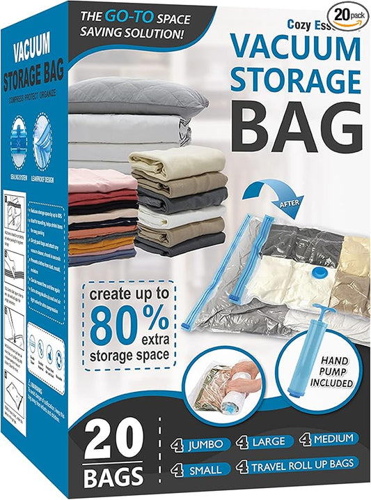 Cozy Essential 20 Pack Vacuum Storage Bags, Space Saver Bags (4 Jumbo/4 Large/4 Medium/4 Small/4 Roll) Compression for Comforters and Blankets, Pillow, Bedding, Sealer Clothes Storage
