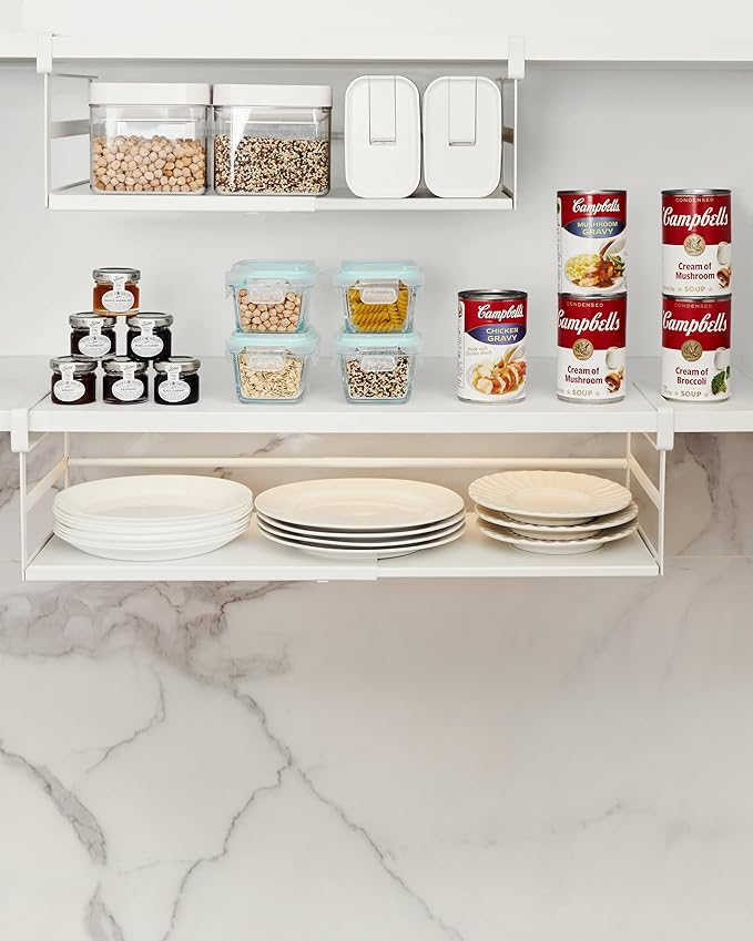 Selosiz 2Pack Under Shelf Storage Basket Organizer Expandable Width Add-On Space Saver Hanging Under Cabinet Pantry Kitchen Countertop Desktop Board Slide-In White Heavy-Duty Metal Higher & Wider Size