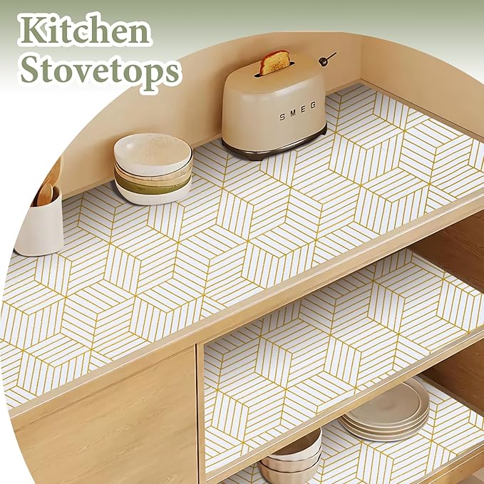 Shelf Liners for Kitchen Cabinets 35.4 in X 39.5 Ft, Non Adhesive Cabinet Liner Strong Non-Slip Thickened Gold Geometric Drawer Liner, Easy to Clean for Shelf, Cabinet with Knife and Tape Measure