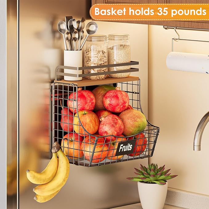 Magnetic Shelf for Fridge with Adjustable Wood Lid & Nameplate, Fruit Potato & Onion Storage Bins with 2 S Hook, Magnetic Spice Rack for Refrigerator, Magnetic Fridge shelf for Kitchen Pantry Laundry