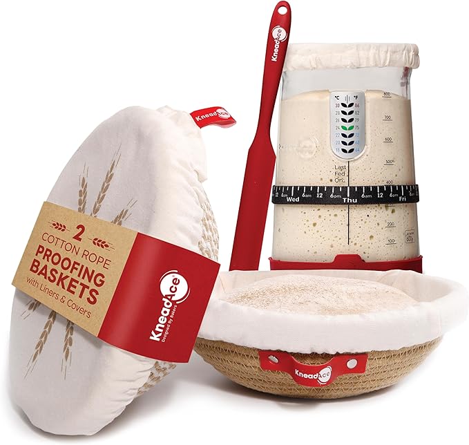KneadAce Ultimate Sourdough Starter & Proofing Kit – 34oz Sourdough Starter Jar & Round Cotton Rope Proofing Basket Set for Perfect Homemade Artisan Bread
