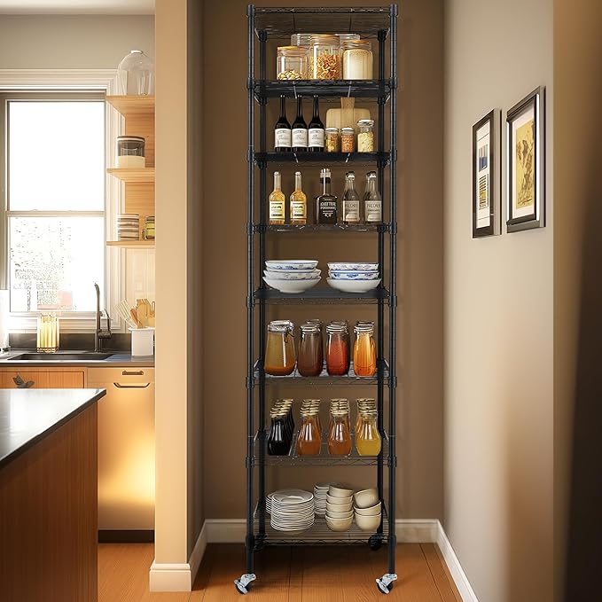 Finnhomy Heavy Duty 8 Tier Wire Shelving with Wheels 18x18x72.8-inches 8 Shelves Metal Storage Rack Thicken Steel Tube, Pantry Shelves for Storage, Adjustable Shelving Unit, NSF Certified, Black