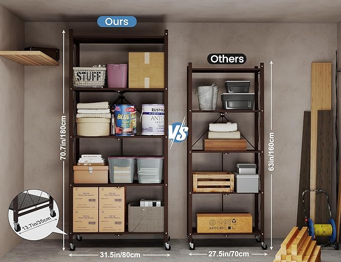 ALANNG 70.7" H Metal Storage Shelves, 5 Tier Folding Shelf on Wheels, Heavy Duty, No Assembly, Rolling, Collapsible Rack Unit for Kitchen, Basement, Pantry (Vintage Brown,2 Pack)