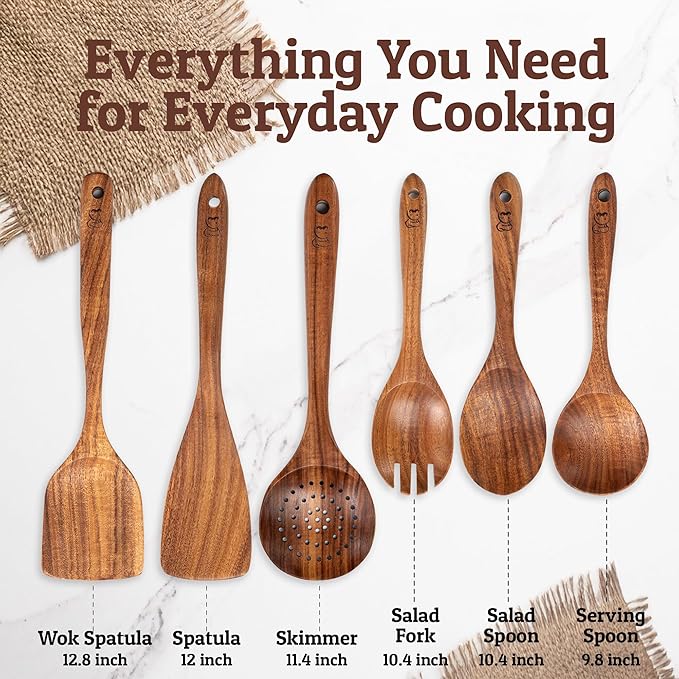 PriorityChef Premium Teak Wooden Spoons for Cooking, Non-Stick Safe and Heat Resistant 6pc Wooden Utensil Set with Hanging Hooks, Wood Cooking Utensils