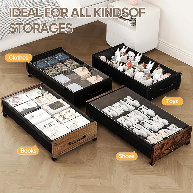 KITHELP Wooden Under Bed Storage with Wheels, Rolling Under the Bed Storage Bins with Removable Lid, Metal Under Bed Drawers for Clothes and Shoes in Bedroom or Living Room(Vintage Brown-2pack)