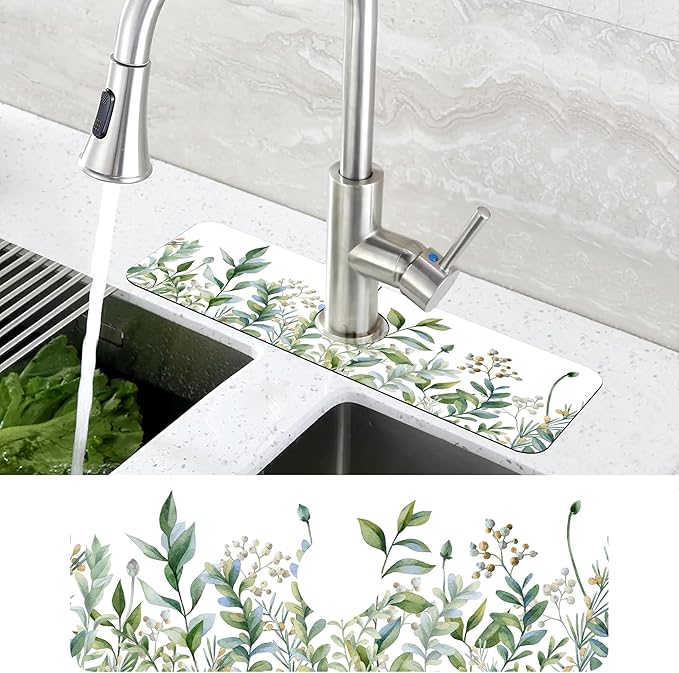 Watercolor Green Branch Leaves Dish Drying Mat for Kitchen Sink Splash Guard Behind Faucet Sink Mat Absorbent Fast Drying Faucet Draining Mat for Bathroom Kitchen 5.5"×15"