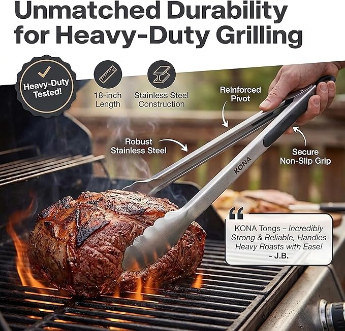 Kona Premium Stainless-Steel Locking Grill Tongs 18 inch, Sturdy, Heavy Duty Tongs - Great for Cooking, Grilling, and Barbecue (BBQ)