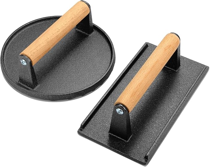 Wildone Burger Press, 7" Round & 8.2"X4.3" Rectangle Heavy-Duty Cast Iron Smash Bacon Press Meat Steak with Wood Handle for Griddle, Sandwich, Panini, Nonstick Pan