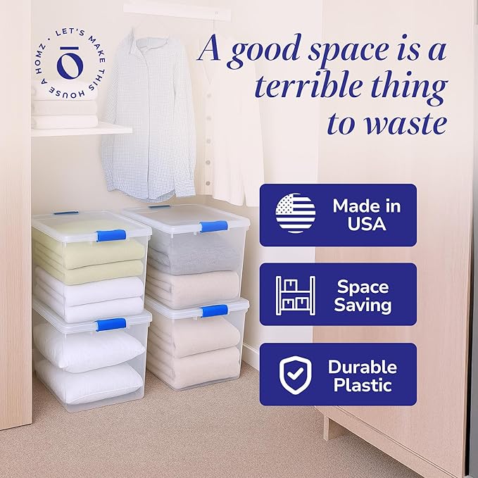 HOMZ 12-Pack Secure Latch, Clear Plastic Storage Organizer Bins, 31 Quart, Blue Latches - Stackable Container Boxes for Bedroom, Bathroom, Garage, and Office Organization