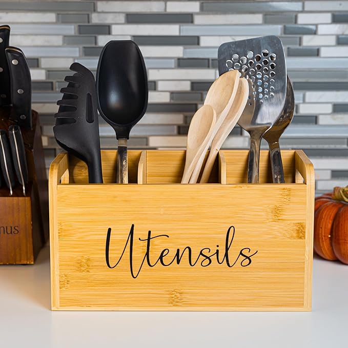 Bamboo Kitchen Utensil Holder for Countertop – Large 3-Compartment Organizer & Caddy with Drain Holes, Farmhouse Utensil Holder for Kitchen Counter, Rustic Wood Storage for Spoons & Spatulas
