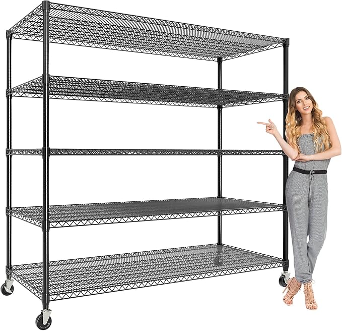 82" H Storage Shelves with Wheels, 5-Tier Metal Shelving Unit Load 3300LBS Capacity, Adjustable Wire Shelf Rack w/Feets, Heavy Duty Storage Shelving for Garage Pantry Rooms, 59" W X 24" D